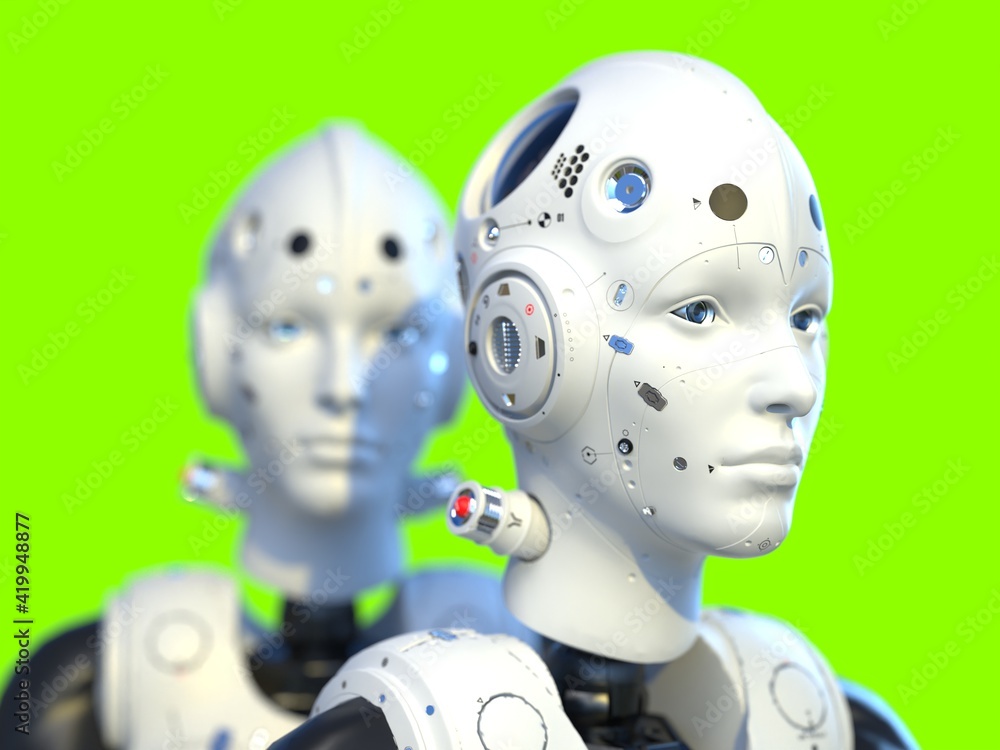 portrait of robots standing nearby. isolated 3d illustration for use with light background portrait of robots standing nearby. isolated 3d illustration for use with light background