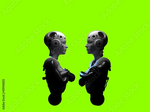 Fototapeta Naklejka Na Ścianę i Meble -  portrait of two robots looking at each other. isolated 3d illustration for use with dark background