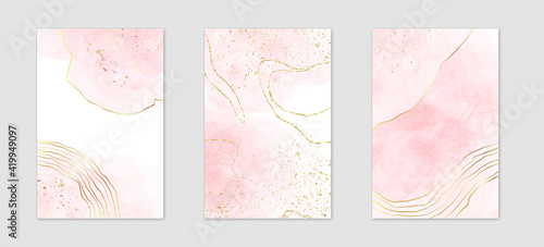 Abstract dusty pink liquid watercolor background with golden lines, dots and stains. Pastel marble alcohol ink drawing effect. Vector illustration design template for wedding invitation