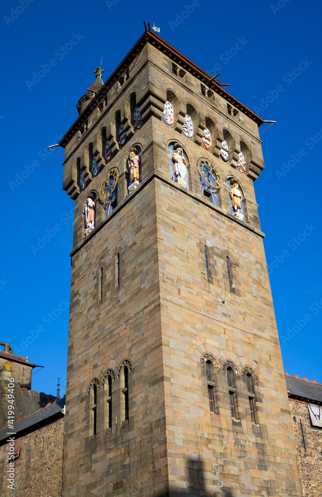 The Clock Tower at Cardiff Castle dominates the city's skyline. Designed by William Burges for Lord Bute it was completed in 1873 to epitomize the Victorian dream of High Gothic.
