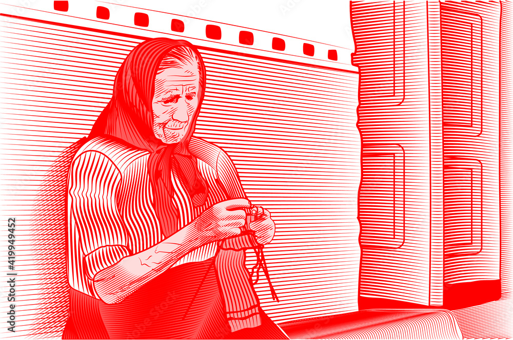 Φωτογραφία An old woman in a headscarf sits near his house and knits woolen sock, woodcut s