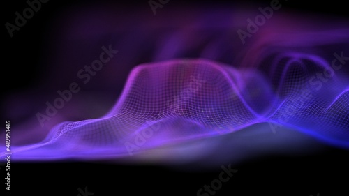 Network purple technology backdrop. Big data neon background perspective. Tech background purple. Cyber technical wave sound.