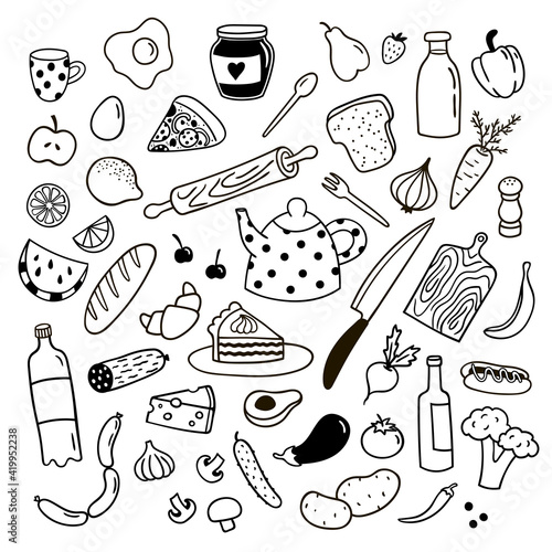 Set of cute hand drawn objects. Food, vegetables, fruits, groceries and utensils. Vector illustration.