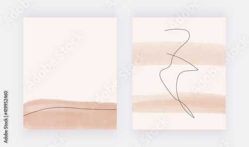 Nude watercolor brush stroke shapes with black lines backgrounds. Modern wall art print
