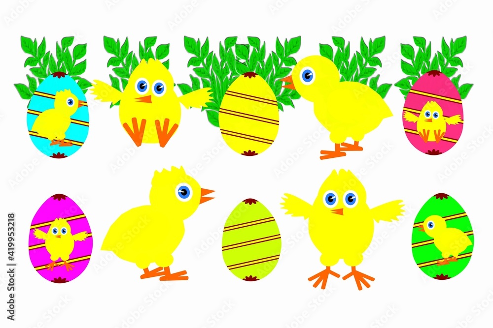 Fototapeta premium Painted eggs in different colors, yellow chickens on the grass. Bright illustration for the Easter holiday