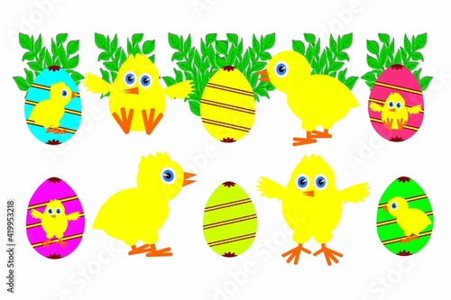 Painted eggs in different colors, yellow chickens on the grass. Bright illustration for the Easter holiday