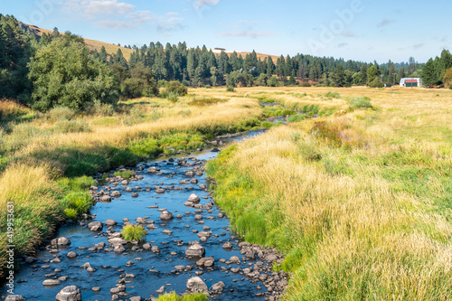 A shallow stream meanders through a rural countryside and farm near the town of Elberton, Washington, near the Palouse. photo