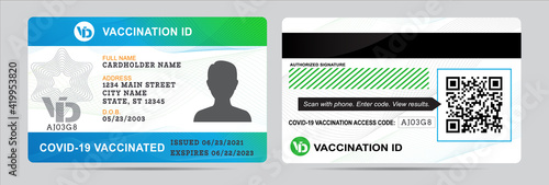 Vaccination card, blue and green backround, male and female photo vectors.