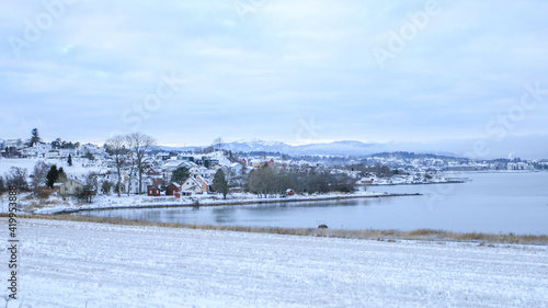 A town along the fjord on a snowing day. A very cold day at Ranheim, Trondheim, Norway. © K-I foto