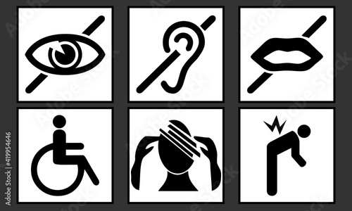 6 pictogrammes représentant différents handicaps - aveugle, sourd, muet, invalide, handicapé mental, douleurs du dos. photo