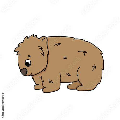 Brown Isolated vector outline cute wombat. Cartoon animal on white background, side view, looks down.