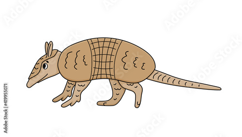 Vector cute brown doodle Armadillo. Cartoon animal mammal is going to somewhere, is isolated on white background, side view.