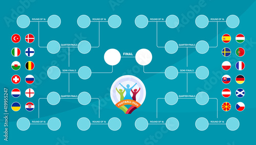Match schedule, template for web, print, football results table, flags of European countries participating to the final tournament of european football championship 2020. vector illustration