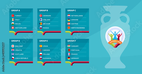 European football 2024 tournament final stage groups vector stock illustration. 2024 European soccer tournament with background. Vector country flags