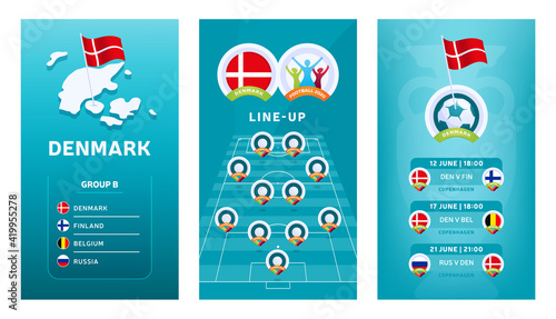 European 2020 football vertical banner set for social media. Denmark group B banner with isometric map, pin flag, match schedule and line-up on soccer field