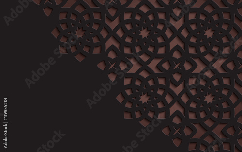 Arabic arabesque design greeting card for Ramadan Kareem, Islamic ornamental detail of mosaic isolated on a dark background
