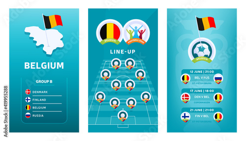 European 2020 football vertical banner set for social media. Belgium group B banner with isometric map, pin flag, match schedule and line-up on soccer field