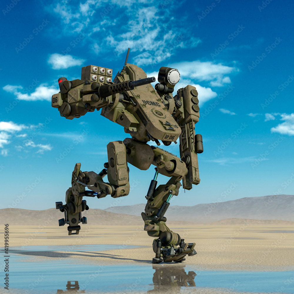 combat mech is runing on desert after rain combat mech is runing on desert after rain