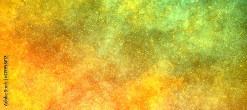 bright multicolor shining orange yellow green background with grain and sparkles, shining stars