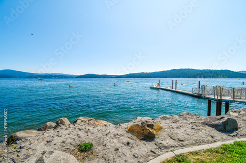 A small boat launch and dock near City Park and Beach at the lake in Coeur d Alene  Idaho  USA.