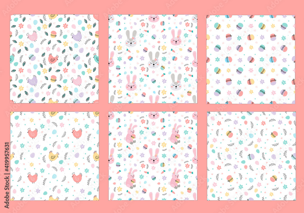 Cute set of Easter patterns with Easter bunnies, eggs, Easter cakes.Spring children's patterns. Ideal for textiles, banners, candy wrappers, wallpaper. Vector illustration