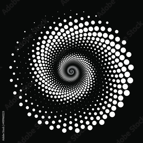 White spiral halftone dotted shape. Geometric art. No gradient. Trendy design element for border frame, logo, blackout tattoo, symbol, web, prints, posters, template, pattern and abstract background