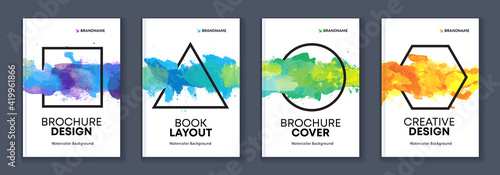 Watercolor A4 booklet colourful cover bundle set with geometric shapes and paint splashes