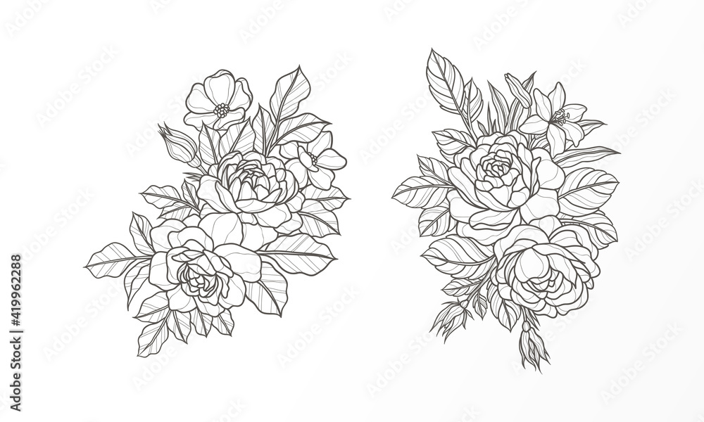 Vector illustration of a feminine floral line art template
