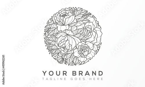Feminine floral line art logo vector template