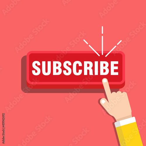 SUBSCRIBE channel, button color and hand cursor with shadow. Web element - Vector