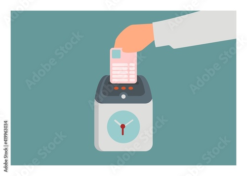 Hand inserting form paper into attendance clock machine. Simple flat illustration