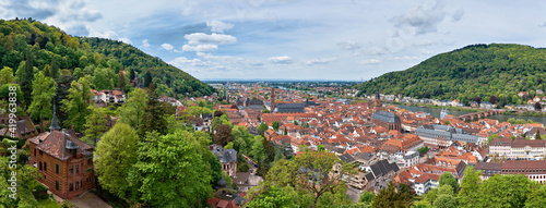 Beautiful Germany. Aerial view over Heidelberg town in Spring. City center including main cathedral, old houses with roofs photo