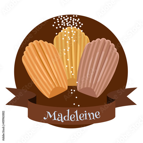 Madeleine traditional French dessert. Colorful illustration in cartoon style.