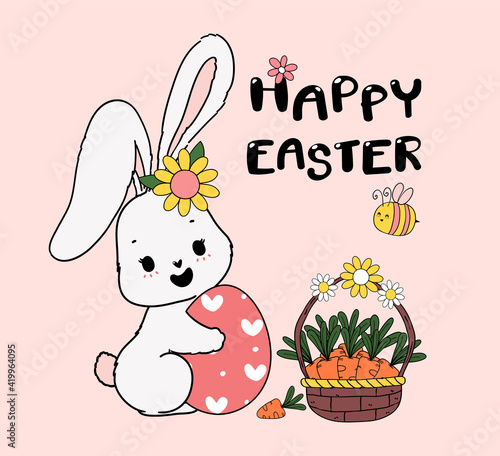 Cute Spring Bunny hug easter egg with basket of carrot and a bee. Happy Spring Easter, cute cartoon doodle drawing illustration vector