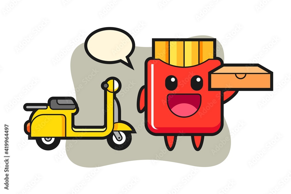 Character illustration of french fries as a pizza deliveryman Character illustration of french fries as a pizza deliveryman