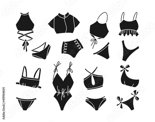 Lingerie or swimsuit summer black glyph set. Hawaiian woman beach fashion swimwear clothes swimsuit. Tropical flat bikini monokini. Hand drawn underwear top bottom. Isolated trendy vector illustration