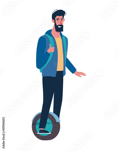 A man with a beard rides a modern gyroboard. Eco-friendly alternative transport. Vector illustration of a hipster guy on a white background in a flat style.
