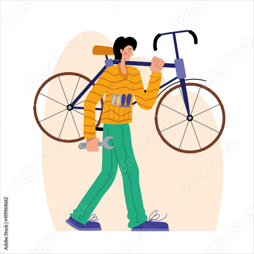 Wallpaper Mural Bicycle repair. A man carries a bicycle for repair. Web graphics, banners, advertisements, business templates. Torontodigital.ca