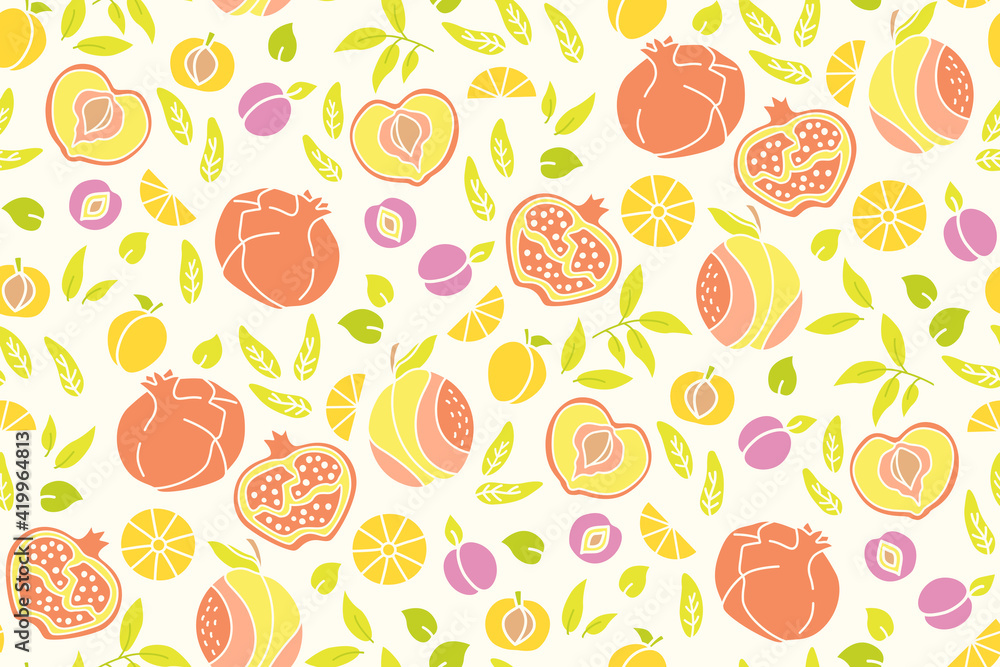 Exotic hawaiian fruit line seamless pattern. Pomegranate, orange, peach apricot, plum wallpaper tropical summer texture. Hand drawn fruit textiles, wallpaper, webdesign. Isolated vector illustration Exotic hawaiian fruit line seamless pattern. Pomegranate, orange, peach apricot, plum wallpaper tropical summer texture. Hand drawn fruit textiles, wallpaper, webdesign. Isolated vector illustration