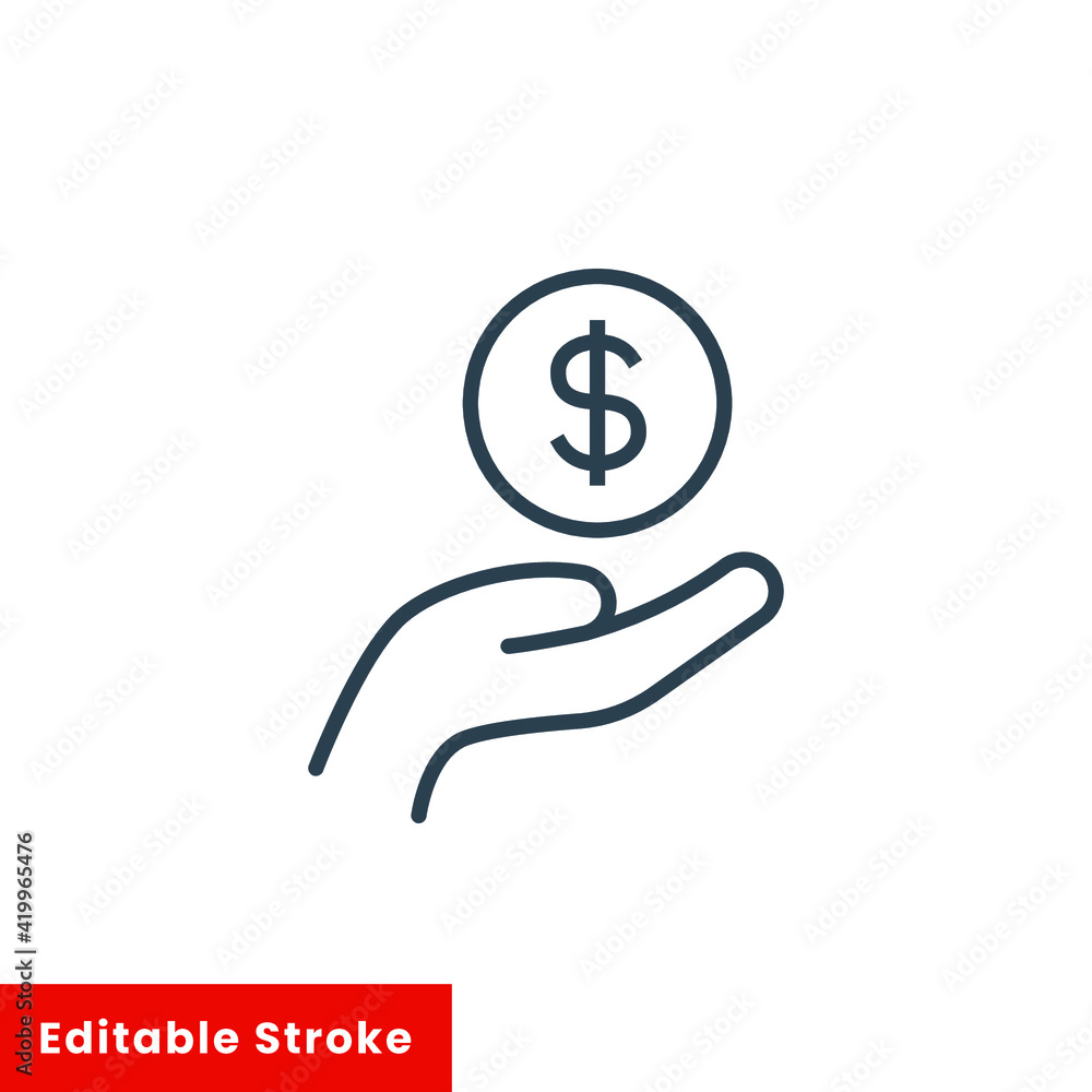 Obraz premium Salary, sell, money, business, buy, hand line icon. Simple outline style. Save, cash, coin, currency, dollar, finance concept. Vector illustration isolated on white background. Editable stroke EPS 10