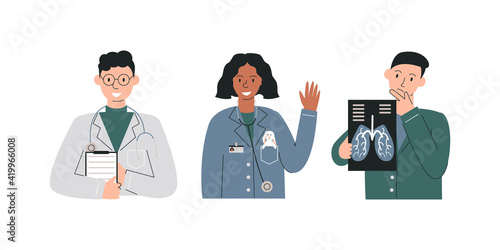 Group of different specializations doctors isolated. Therapist holding examining list, pediatrician greeting with toy, pulmonologist studying x-ray. Medical staff team. Vector flat linear illustration