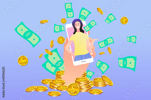 A girl sitting among the money on the globe. International money transfer, Growth, income. vector illustration.