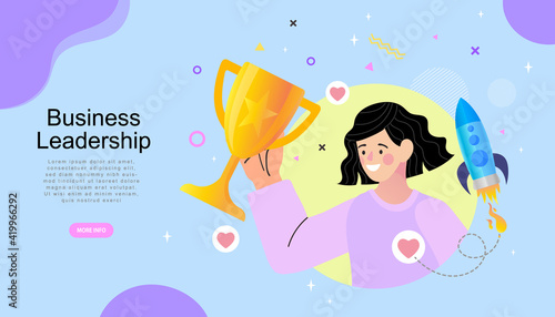 Successful business people take the gold trophy. Winning of competition. Success and achievement concept. Vector illustration flat style. 