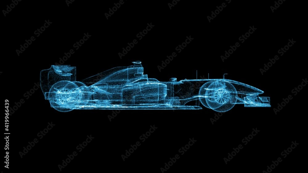 Formula One race car no brand blue wireframe Mesh 4k seamless loop 3d animation