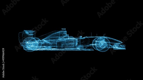 Formula One race car no brand blue wireframe Mesh 4k seamless loop 3d animation