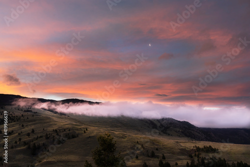 USA, Montana, Gallatin National Forest. Crescent moon sets over forest landscape at sunrise.