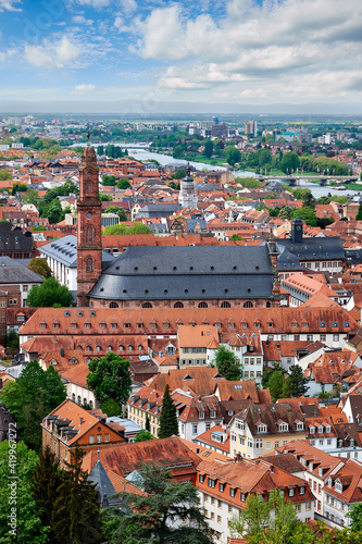 Beautiful Germany. Aerial view over Heidelberg town in Spring. City center including main cathedral, river Neckar and river valley. photo