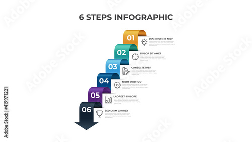 6 points of steps, infographic element template, arrow flow with number diagram vector
