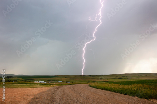 Lightning strike in rural Richland County, Montana, USA