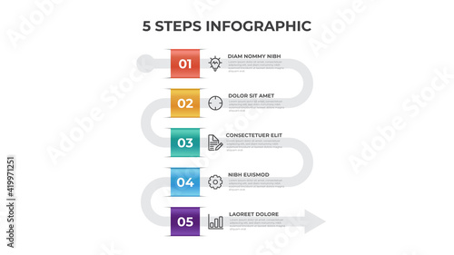 5 points of steps, arrow list flow diagram layout vector, infographic template element
